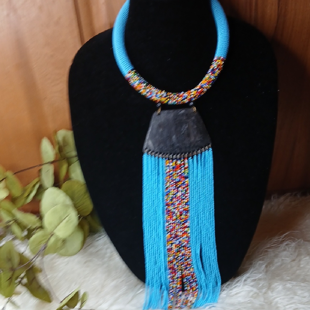 Multicolor Beaded Necklace with Blue Accents